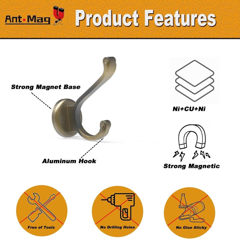 Ant Mag Magnetic Hooks Heavy Duty 141lbs Neodymium Magnet Metal Wall Hooks for Hanging Coats Robes Backpacks Bags Hats Keys Mugs Cups Towels Bronze - Image 3
